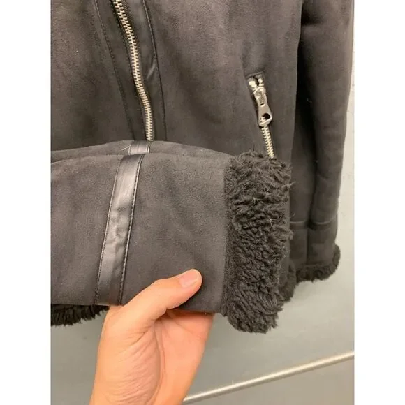 H&M Sherpa Faux Fur Lined Suede Jacket Women’s XS Black‎ Cozy Winter Coat - Picture 6 of 12